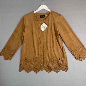 Bob Mackie Laser Cut Faux Suede Jacket Sm Brown Wearable Art Luxury Boho Western